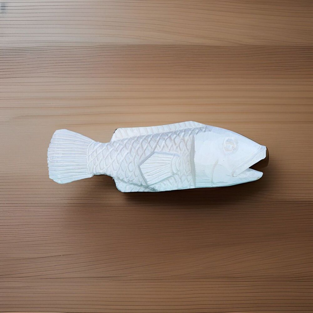 Hand Carved Wooden Fish Painted White Split Line On Head Nautical Sculpture